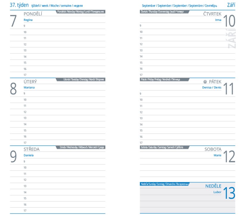 Týdenní kapesní diář A6 Variace modrý/světle modrý